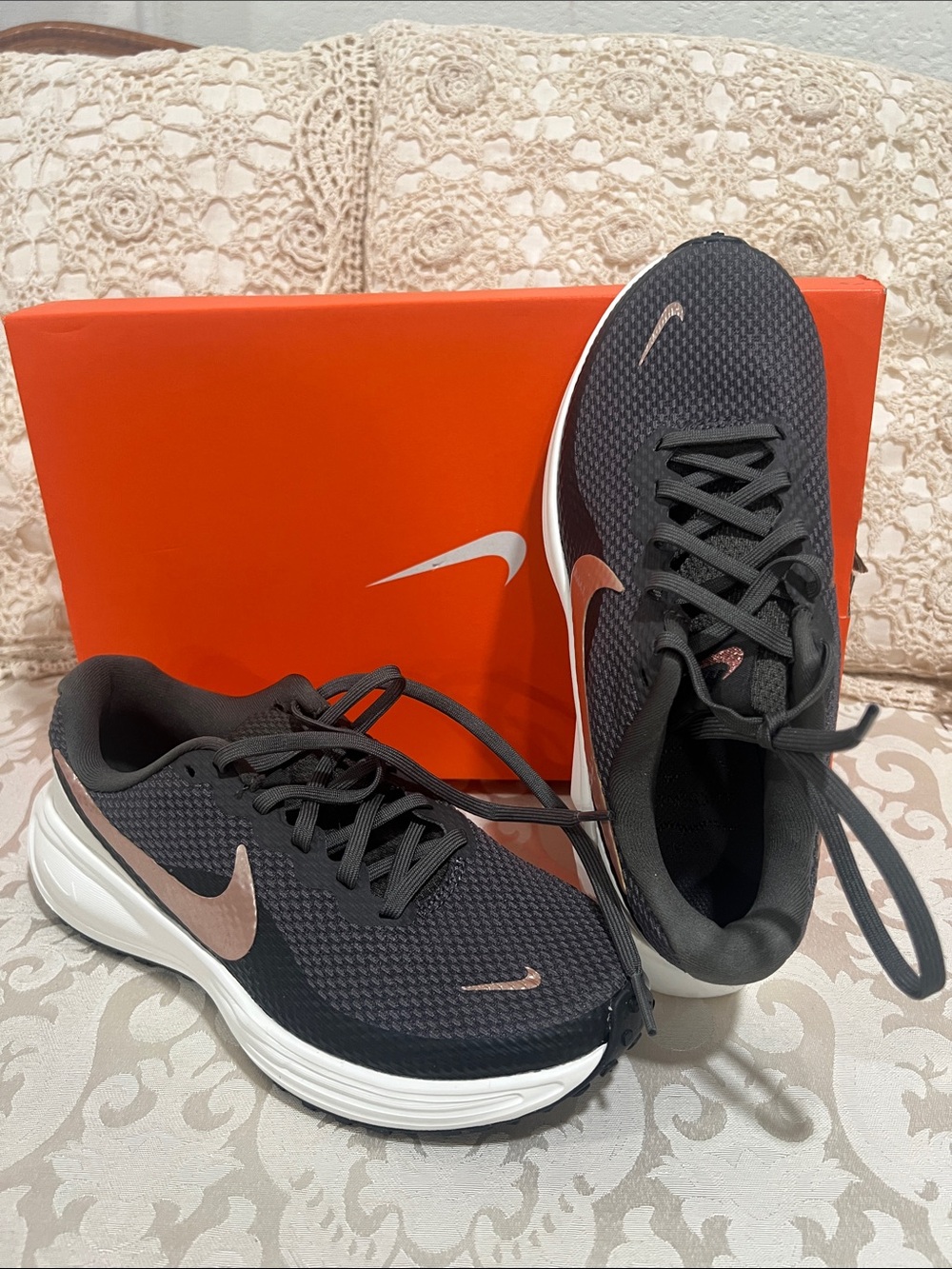 Nike Black Running Sneakers with Rose-Gold Swoosh